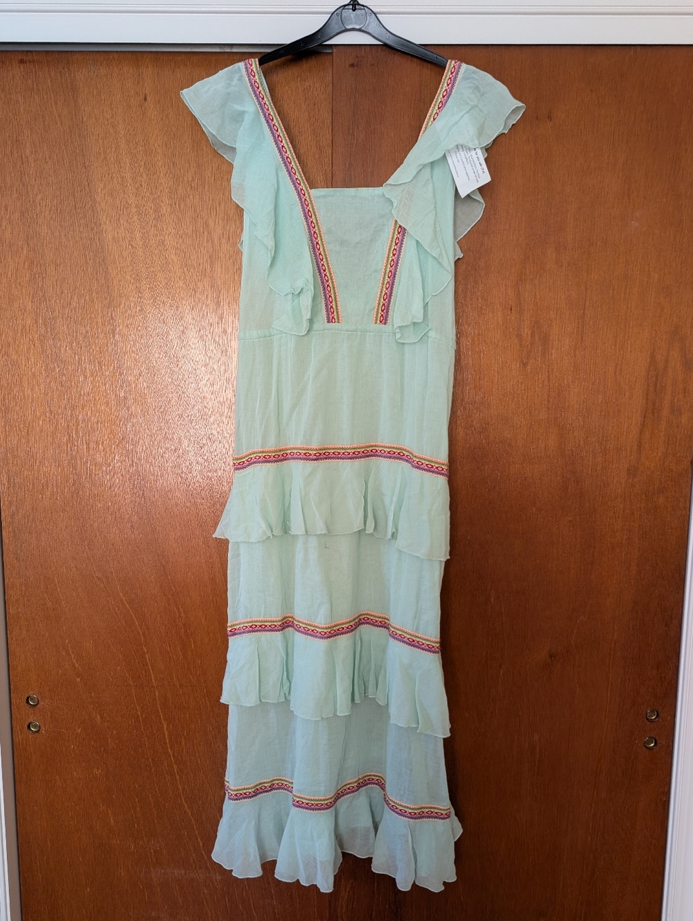 Pitusa Teal Tiered Ruffle Drill Boho Cotton Dress NEW
